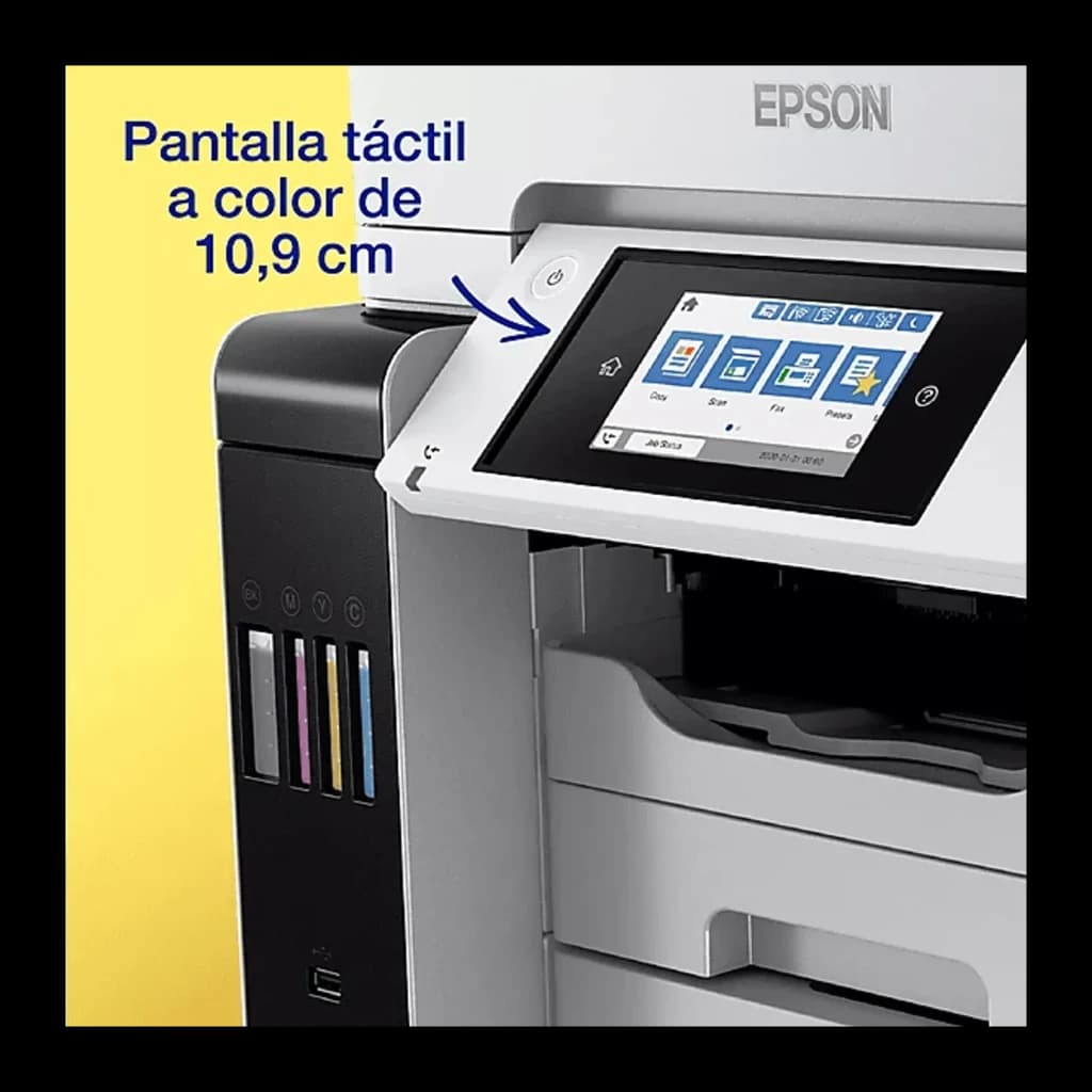 Epson EcoTank Pro ET-5885, détail: écran tactile couleur 10,9 cm et réservoirs d'encre noir cyan magenta jaune visibles