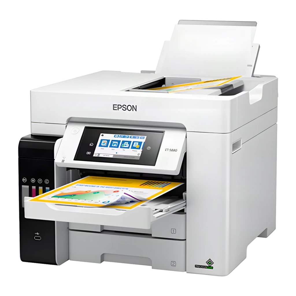 Epson EcoTank Pro ET-5885, vista frontal: pantalla táctil, tanques de tinta CMYK visibles y bandeja con página impresa a - Ítem2