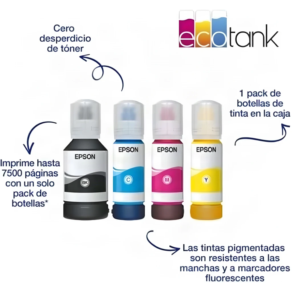 Epson EcoTank Pro ET-5885, vista frontal: pantalla táctil, tanques de tinta CMYK visibles y bandeja con página impresa a - Ítem4