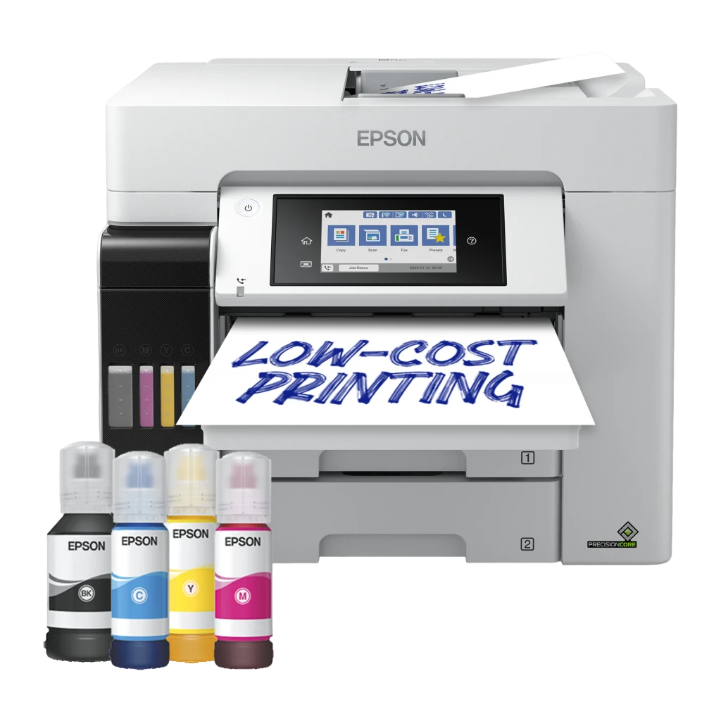 Epson EcoTank Pro ET-5885, vista frontal: pantalla táctil, tanques de tinta CMYK visibles y bandeja con página impresa a - Ítem1