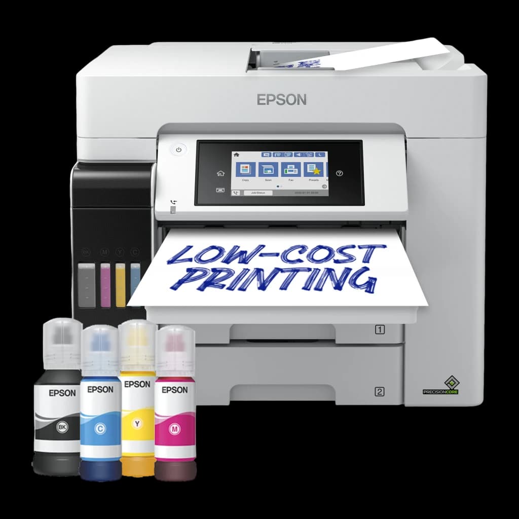 Epson Multifonction EcoTank Pro ET-5885, vue avant: imprimante avec 4 flacons d'encre BK, C, Y, M et feuille imprimée