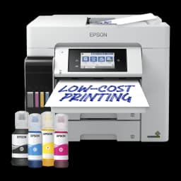 Epson Multifonction EcoTank Pro ET-5885, vue avant: imprimante avec 4 flacons d'encre BK, C, Y, M et feuille imprimée