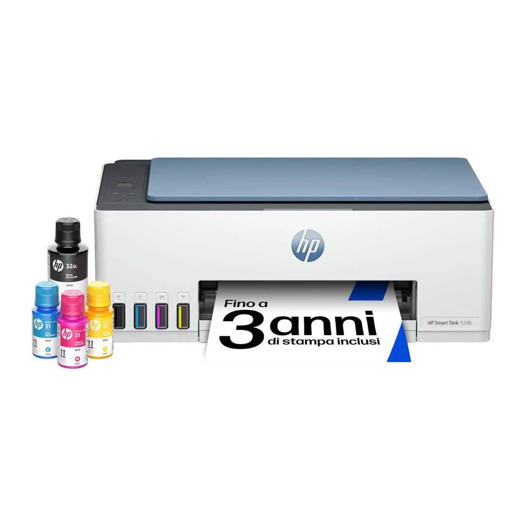 HP Impresora Multifunción Smart Tank 5106 Color, vista frontal izquierda: tapa azul, logo HP, depósitos negro cian magenta - Ítem3