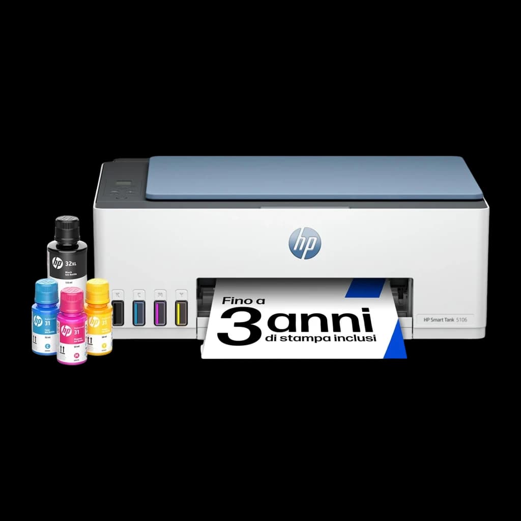HP Impressora Multifuncional Smart Tank 5106 Color, kit completo: impressora com 4 frascos de tinta preto ciano magenta
