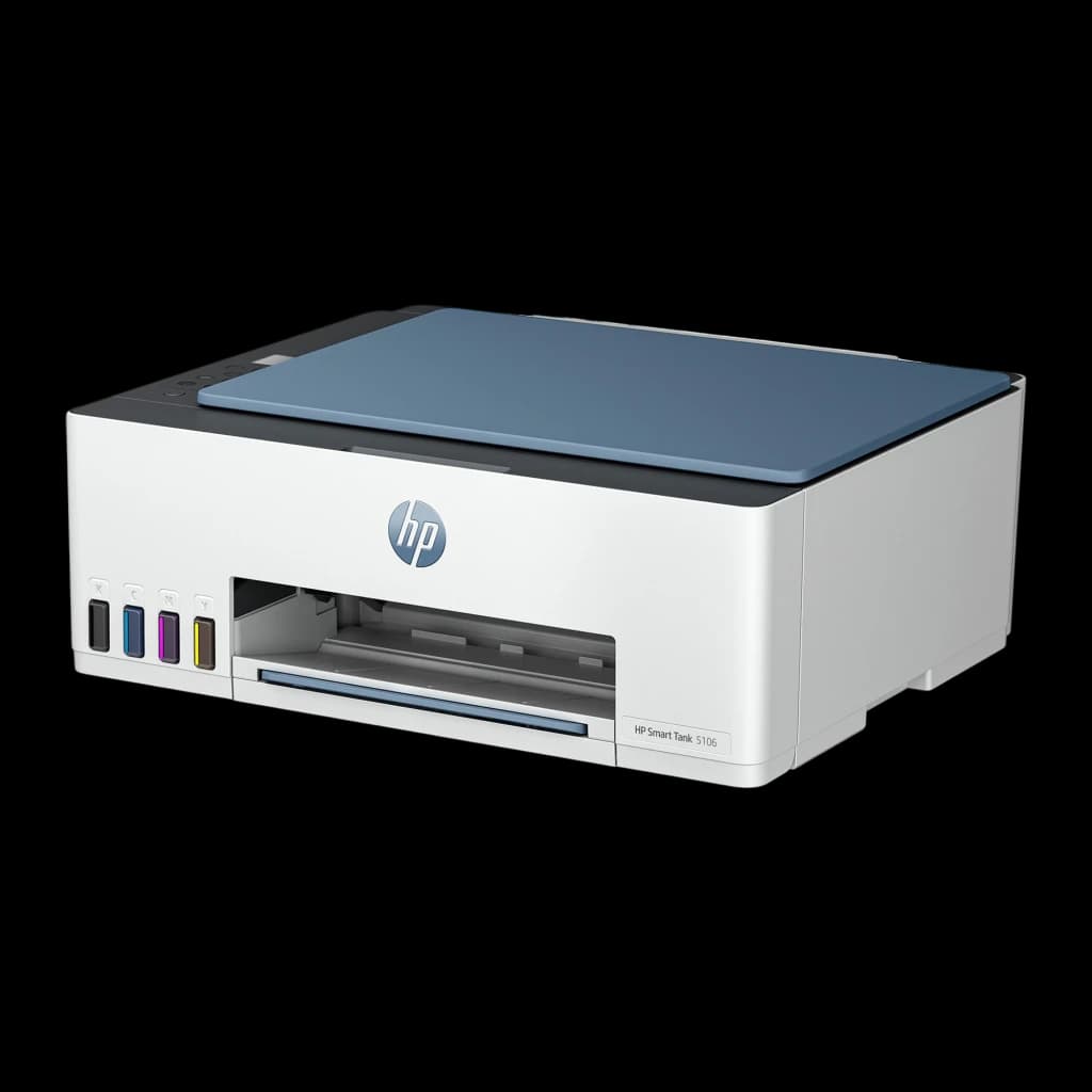 HP Impressora Multifuncional Smart Tank 5106 Color, vista frontal esquerda: tampa azul, logo HP, depósitos preto ciano
