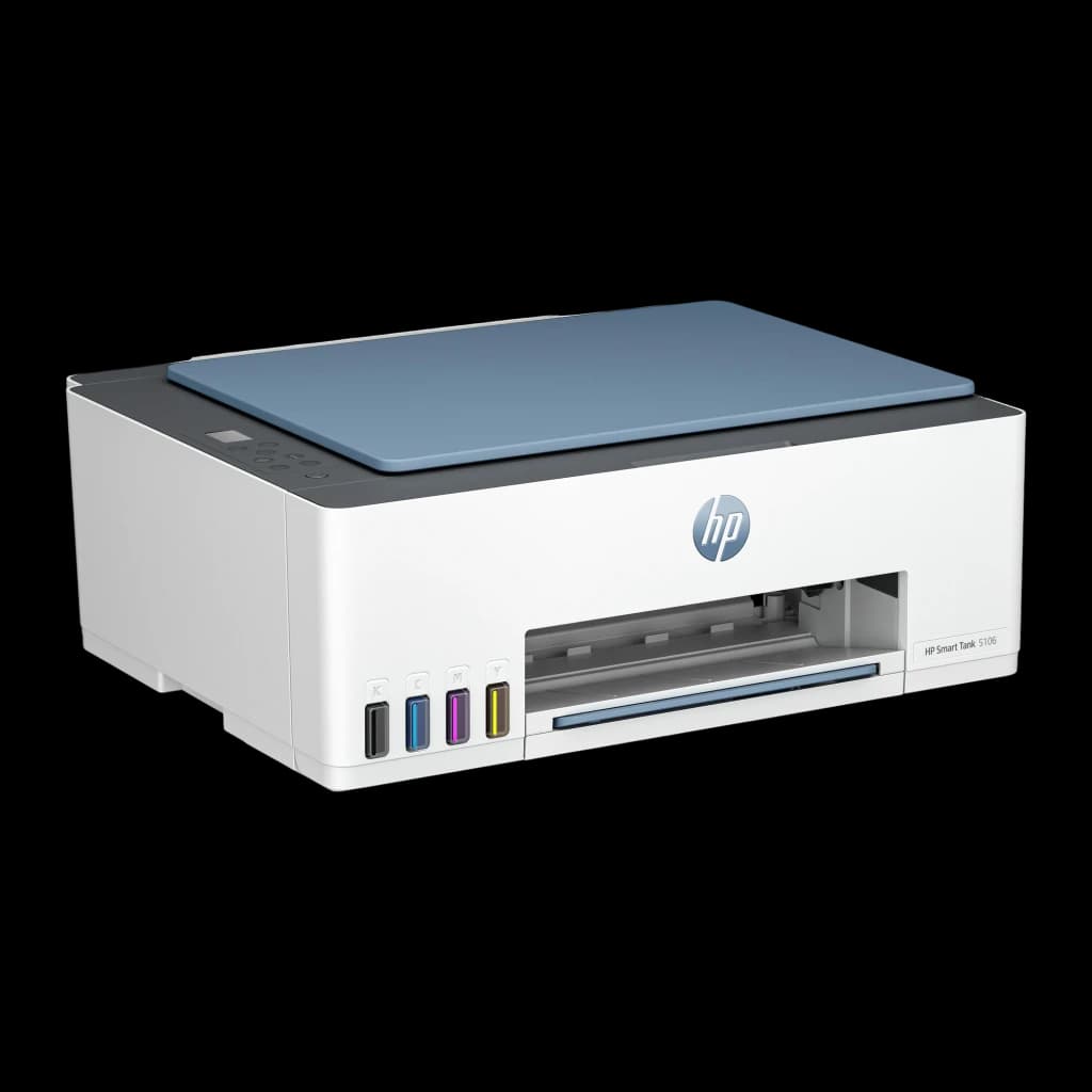 HP Impressora Multifuncional Smart Tank 5106 Color, vista frontal direita: painel de controlo visível, depósitos de tinta e