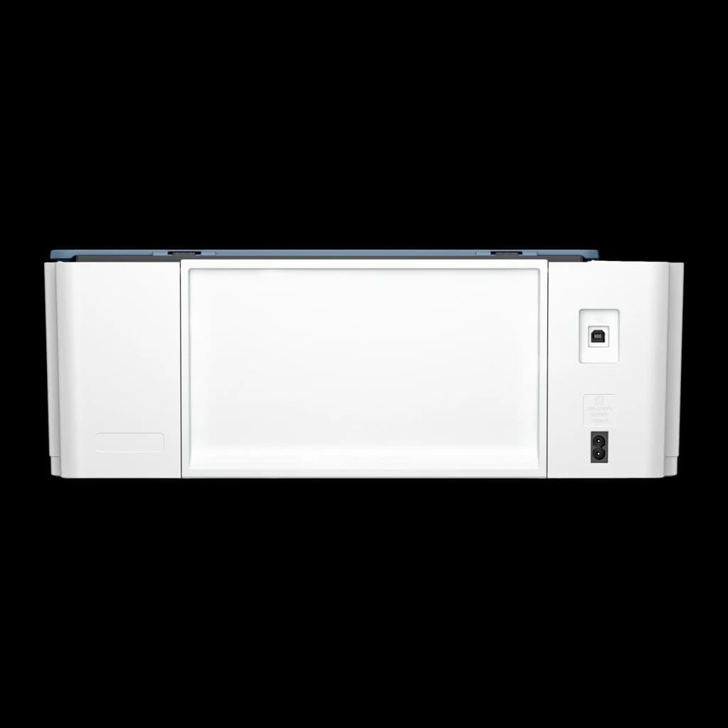 HP Impressora Multifuncional Smart Tank 5106 Color, vista traseira: porta USB tipo B, conector de alimentação e tampa azul