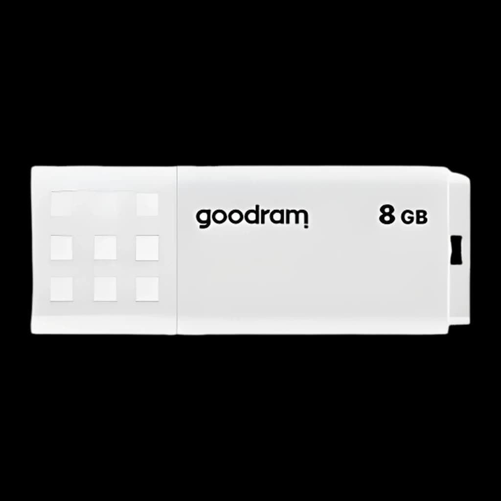 GoodRam UME2 8GB blanco, vista frontal: cuerpo blanco con patrón de cuadrados en relieve, logo y capacidad visibles