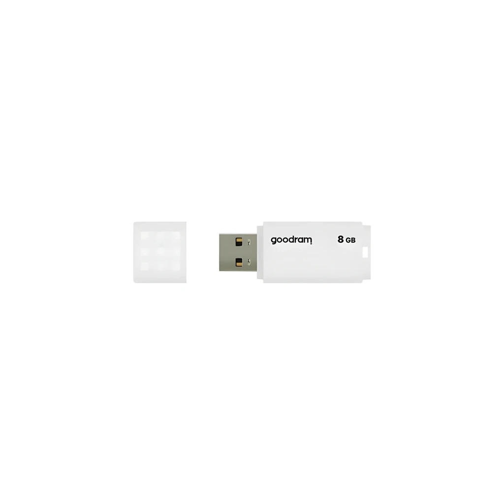 GoodRam UME2 8GB blanc, vue de face: corps blanc avec motif de carrés en relief, logo et capacité visibles - Ítem1