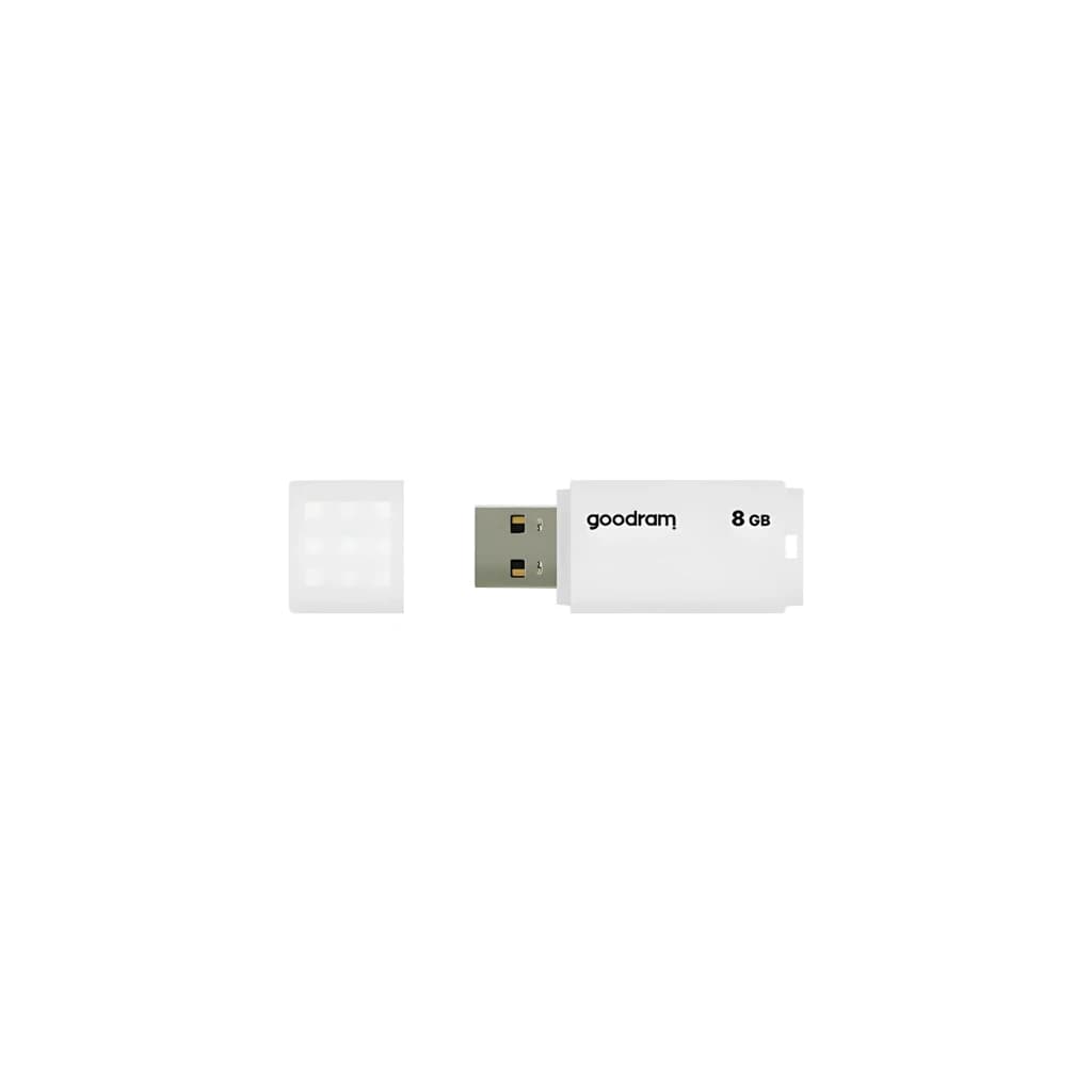GoodRam UME2 8GB blanco, vista frontal: conector USB metálico expuesto y tapa separada a la izquierda