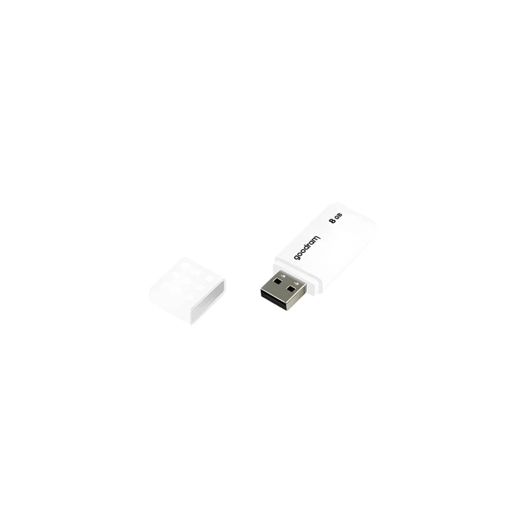 GoodRam UME2 8GB Blanco, vista lateral: conector USB metálico expuesto y tapa separada al lado