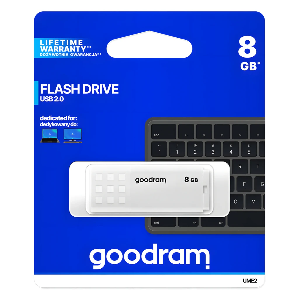 GoodRam UME2 8GB blanc, vue de face: corps blanc avec motif de carrés en relief, logo et capacité visibles - Ítem3
