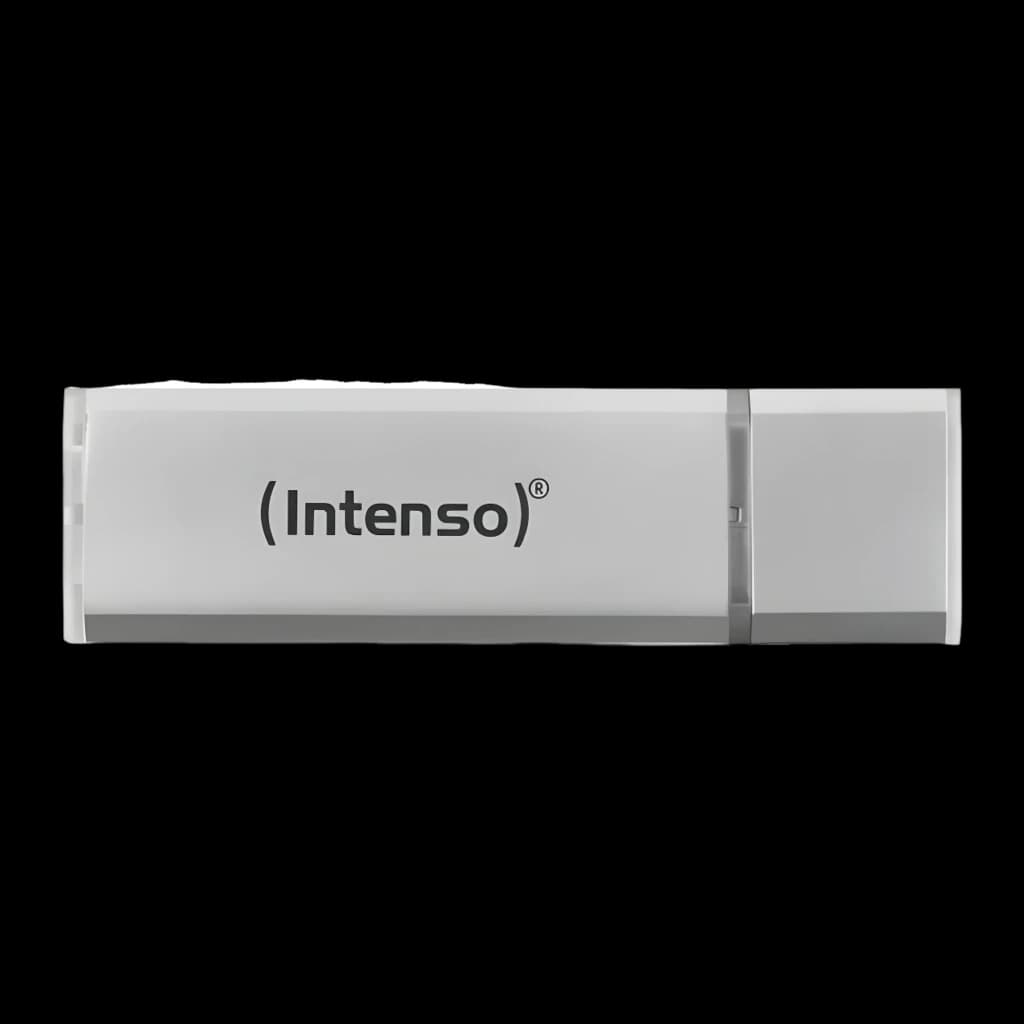 Intenso Alu Line 4GB plateado, vista frontal: cuerpo metálico horizontal con logo Intenso y conector USB visible
