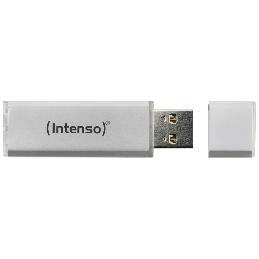 Intenso Alu Line 4GB argenté, vue de face: corps métallique horizontal avec logo Intenso et connecteur USB visible - Ítem1