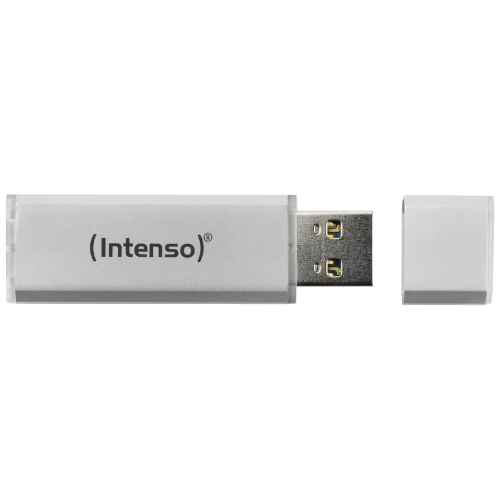 Intenso Alu Line 4GB plateado, vista lateral: cuerpo aluminio con logo y conector USB expuesto junto a tapa separada