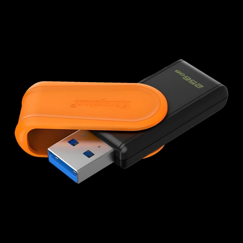 Kingston DataTraveler Exodia S 256GB preto laranja, vista lateral: conector USB-A azul aberto e tampa laranja giratória