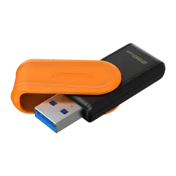 Kingston DataTraveler Exodia S 256GB preto laranja, vista lateral: conector USB-A azul aberto e tampa laranja giratória