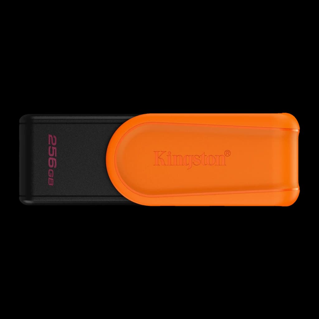 Kingston DataTraveler Exodia S 256GB Preto Laranja, vista superior: corpo preto com tampa deslizante laranja e logo Kingston