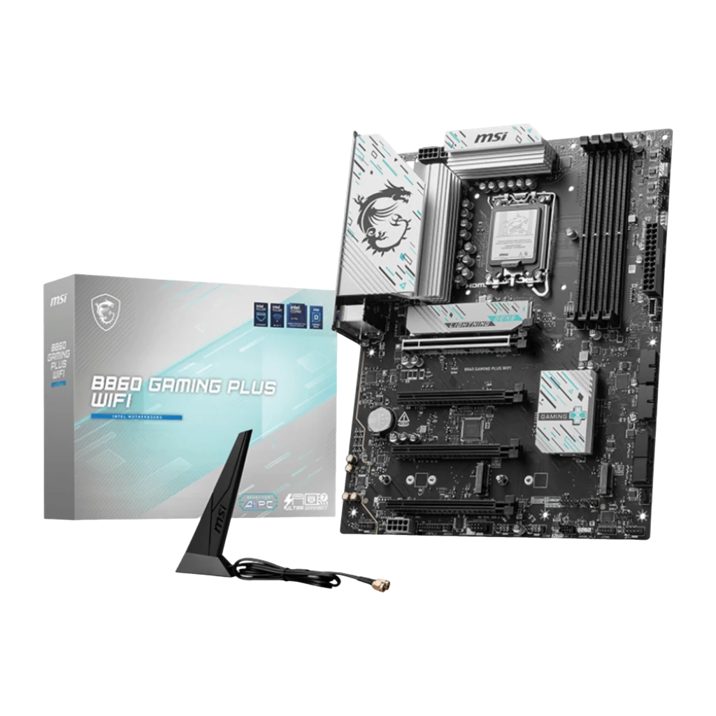 MSI B860 Gaming Plus WiFi Negro, vista angular frontal: placa ATX con disipadores plateados, socket LGA1851 y ranuras DDR5 - Ítem3