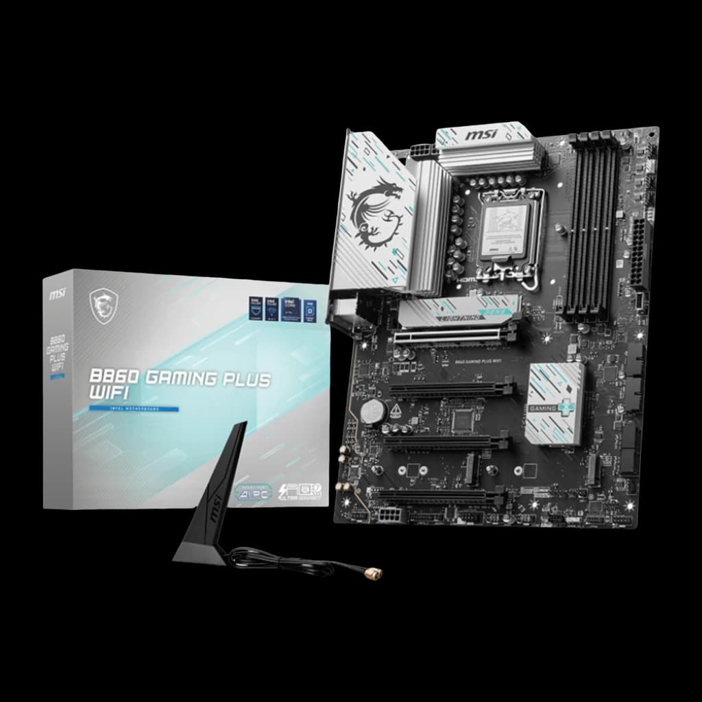 MSI B860 Gaming Plus WiFi Preto, kit completo: placa-mãe ATX, caixa do produto e antena WiFi incluída