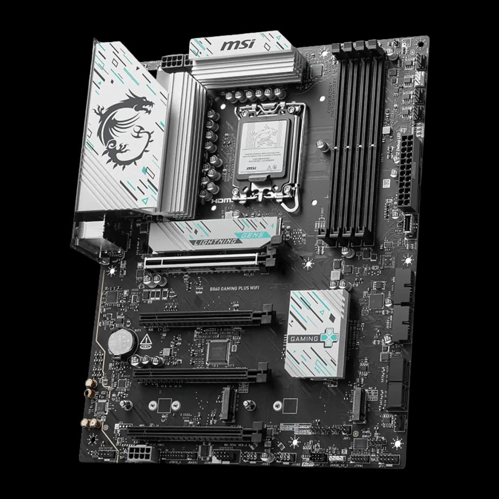 MSI B860 Gaming Plus WiFi Preto, vista angular frontal: placa ATX com dissipadores prateados, socket LGA1851 e slots DDR5