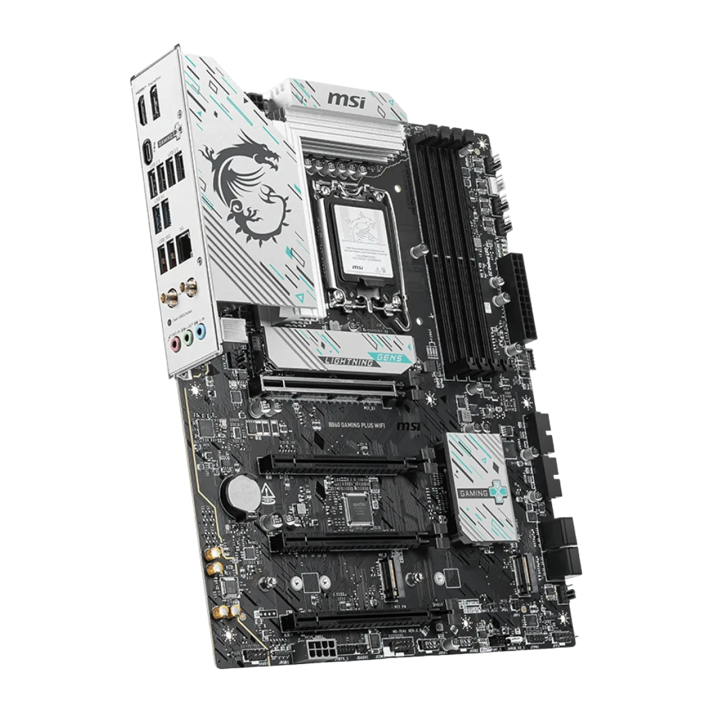 MSI B860 Gaming Plus WiFi Negro, vista angular frontal: placa ATX con disipadores plateados, socket LGA1851 y ranuras DDR5 - Ítem1