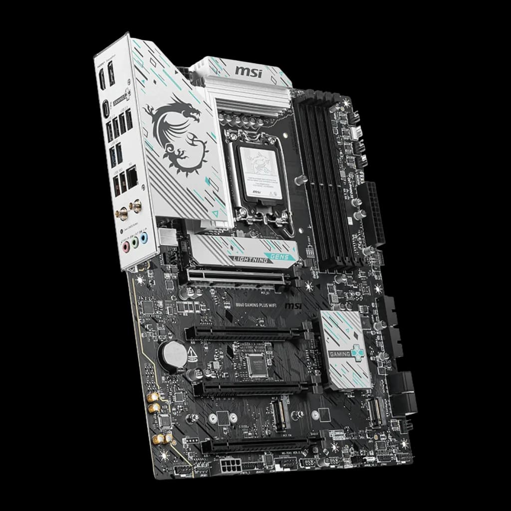 MSI B860 Gaming Plus WiFi Preto, vista lateral esquerda: painel I/O com portas USB, áudio e dragão gravado no escudo