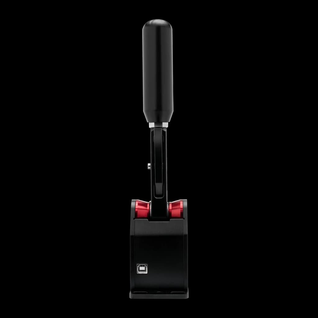 Simagic Q1S alavanca de mudanças sequencial, vista frontal: punho preto alongado, eixo metálico, rolos vermelhos e base com