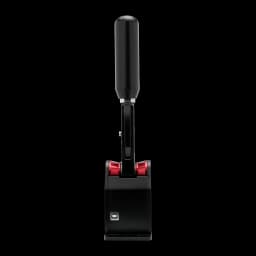 Simagic Q1S alavanca de mudanças sequencial, vista frontal: punho preto alongado, eixo metálico, rolos vermelhos e base com
