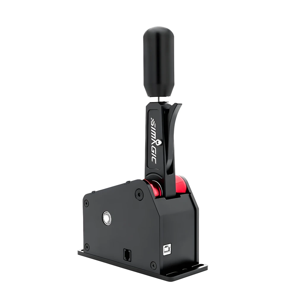 Simagic Q1S palanca de cambios secuencial, vista frontal: mango negro alargado, eje metálico, rodillos rojos y base con - Ítem1