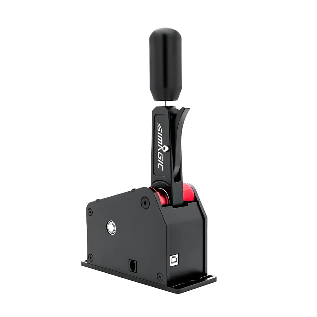 Simagic Q1S alavanca de mudanças sequencial, vista lateral: base preta, alavanca com logo Simagic e roda vermelha