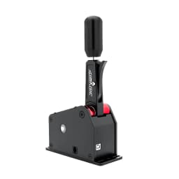 Simagic Q1S alavanca de mudanças sequencial, vista lateral: base preta, alavanca com logo Simagic e roda vermelha