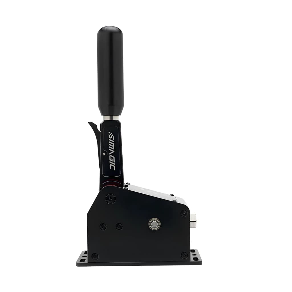 Simagic Q1S alavanca de mudanças sequencial preta, vista lateral: corpo metálico, punho ergonómico e logo Simagic visível