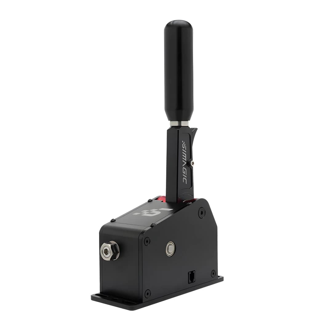 Simagic Q1S alavanca de mudanças sequencial, vista lateral esquerda: base metálica preta, logo Simagic, detalhe vermelho e