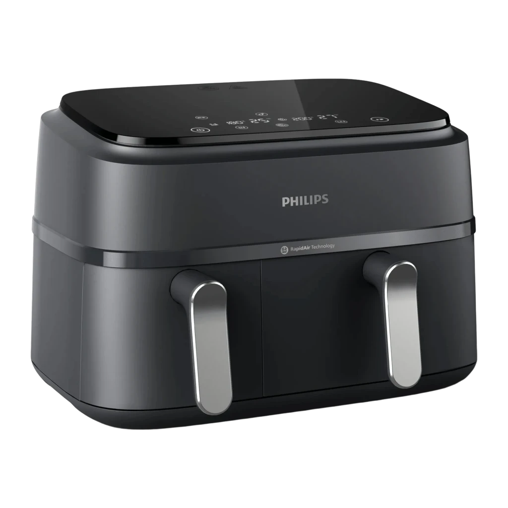 Philips 3000 Series Dual Basket Airfryer 9L 2750W gris, vista frontal: panel táctil superior, dos cestas con asas plateadas - Ítem1