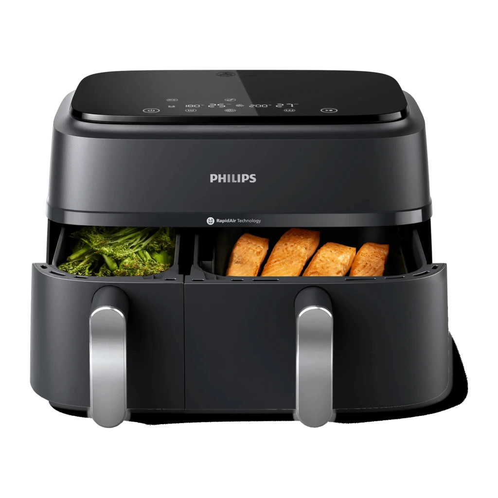 Philips 3000 Series Dual Basket Airfryer 9L 2750W gris, vista frontal: panel táctil superior, dos cestas con asas plateadas - Ítem2