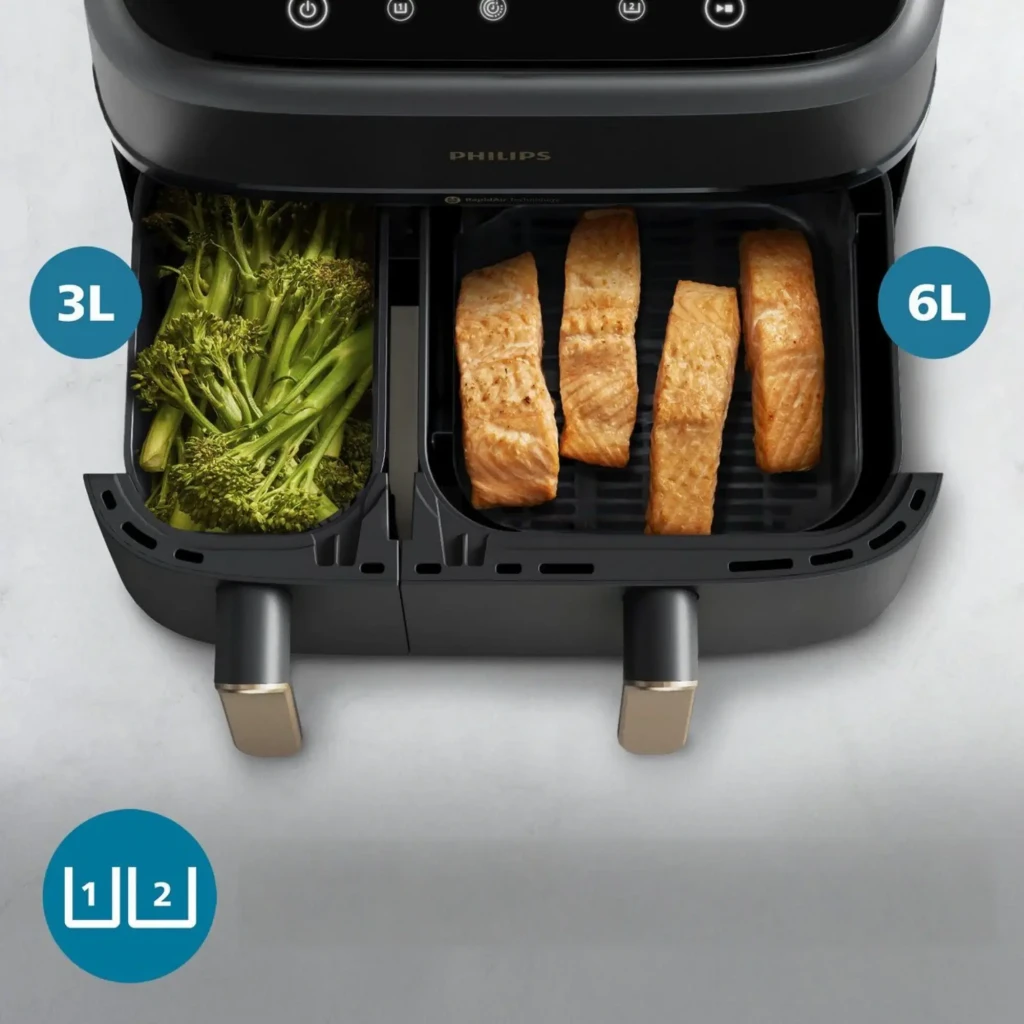 Philips 3000 Series Dual Basket Airfryer 9L 2750W gris, vista frontal: panel táctil superior, dos cestas con asas plateadas - Ítem3