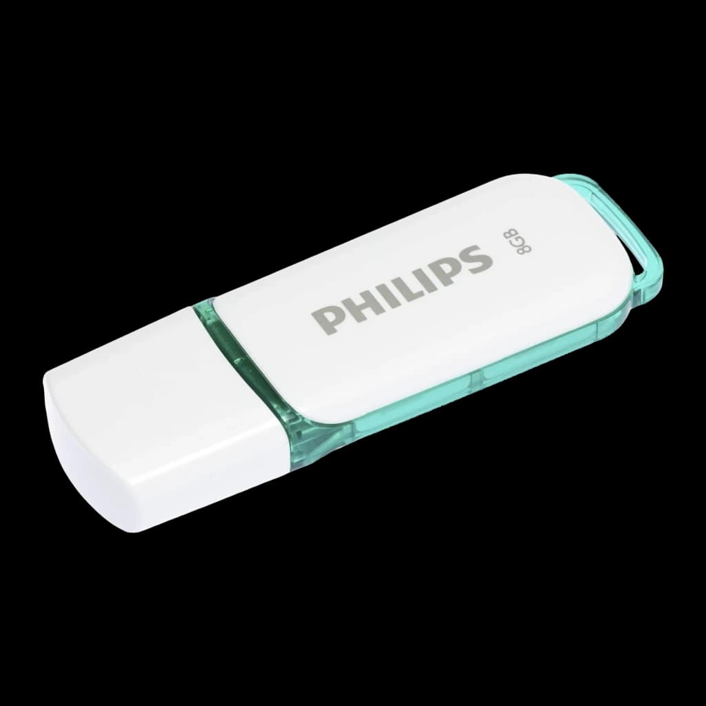 Philips Snow Edition 8GB verde, vista principal: corpo branco com tampa e clipe verde translúcido, logótipo Philips visível