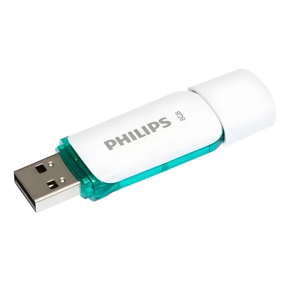 Philips Snow Edition 8GB verde, vista principal: cuerpo blanco con tapa y clip verde translúcido, logo Philips visible - Ítem1