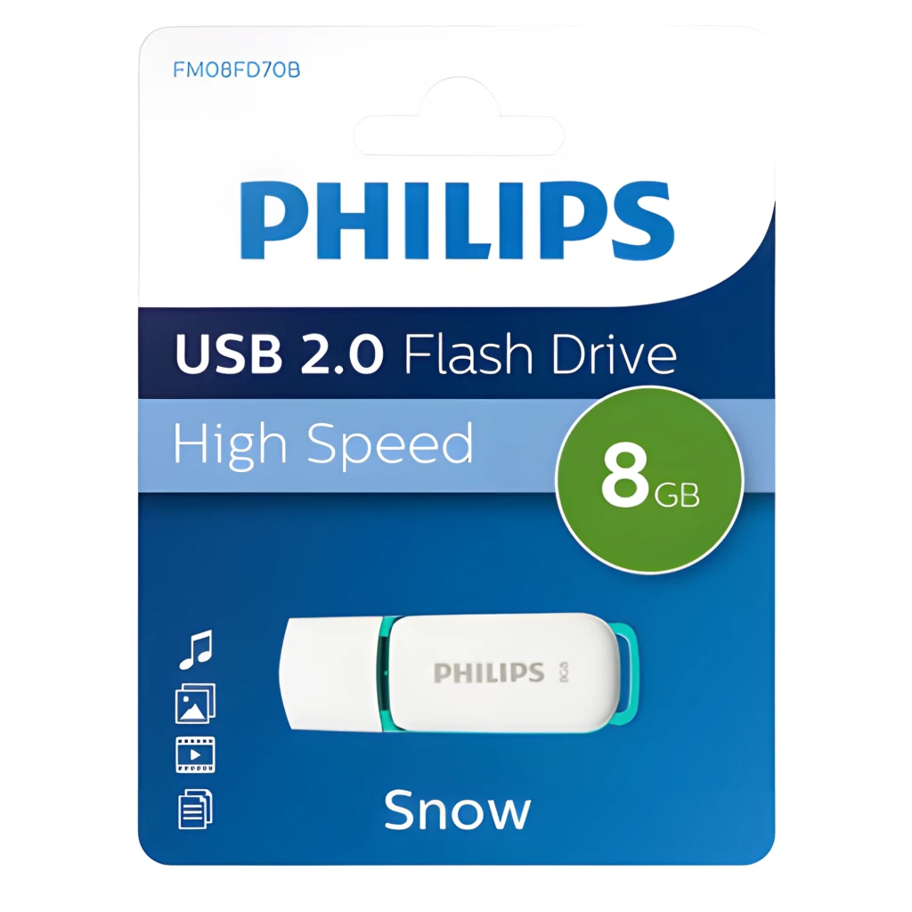 Philips Snow Edition 8GB verde, vista principal: cuerpo blanco con tapa y clip verde translúcido, logo Philips visible - Ítem3