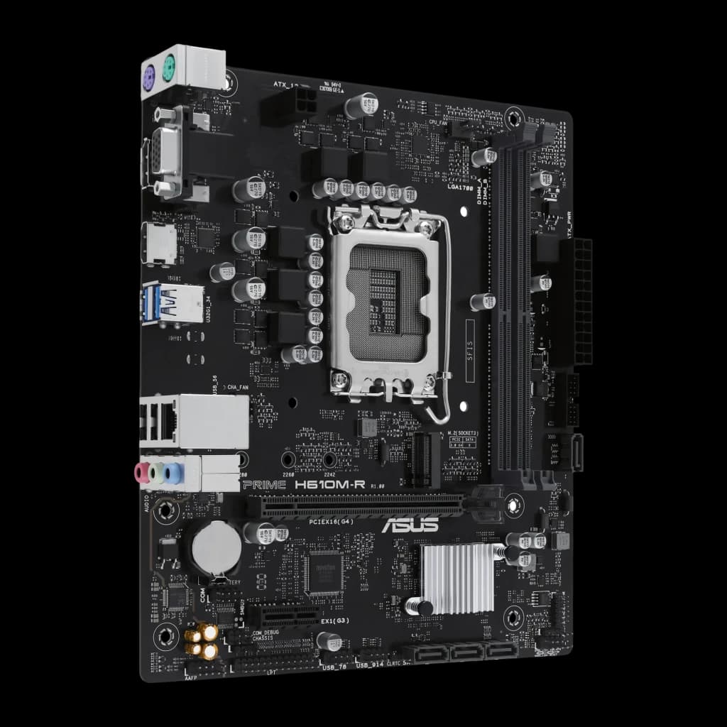 ASUS PRIME H610M-R-SI, vista frontal en ángulo: socket LGA1700, ranuras DDR5, panel trasero I/O y disipador VRM