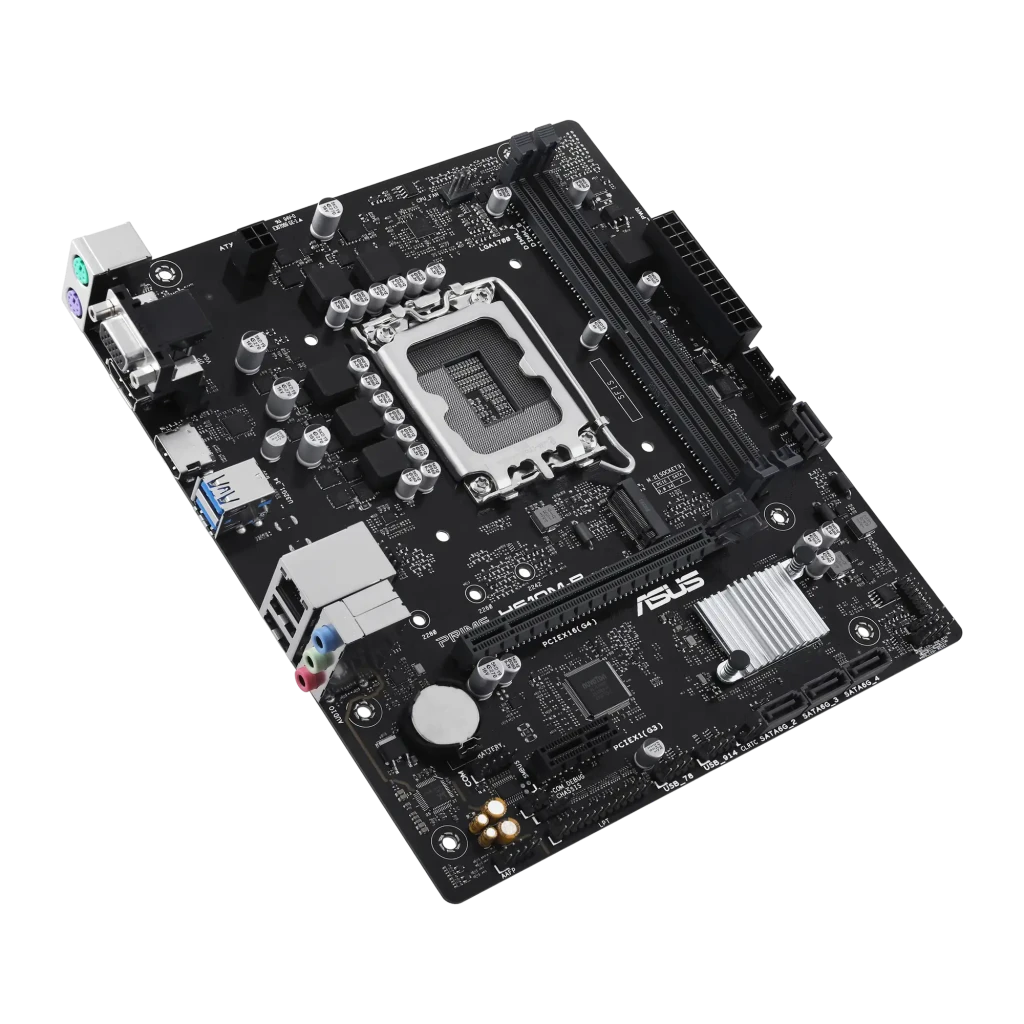 ASUS PRIME H610M-R-SI, vista frontal en ángulo: socket LGA1700, ranuras DDR5, panel trasero I/O y disipador VRM - Ítem1