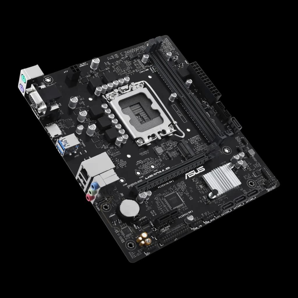 ASUS PRIME H610M-R-SI, vista superior en ángulo elevado: socket LGA1700, slots PCIe, conectores SATA y ranuras DDR5