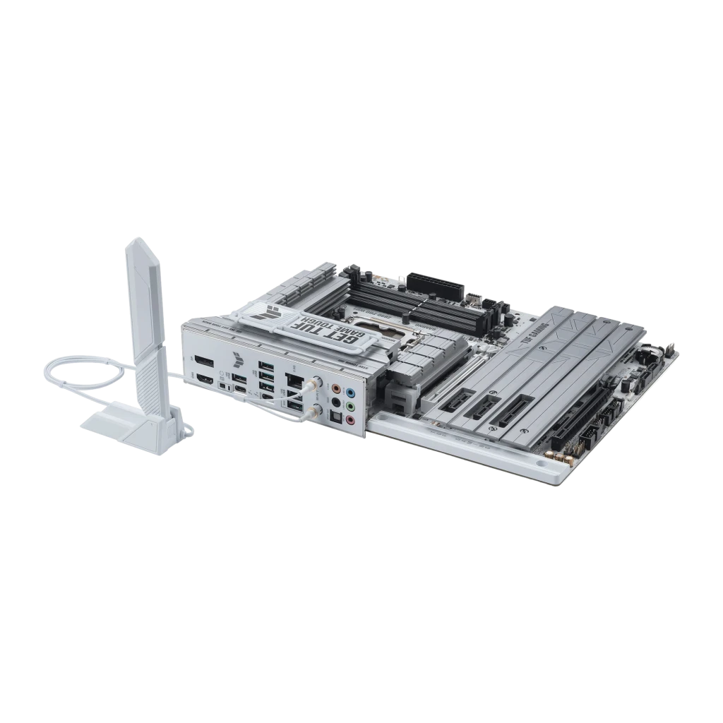 ASUS TUF Gaming Z890-PRO WiFi DDR5 blanca, vista frontal en ángulo: socket 1851, disipadores VRM, ranuras PCIe y panel - Ítem4