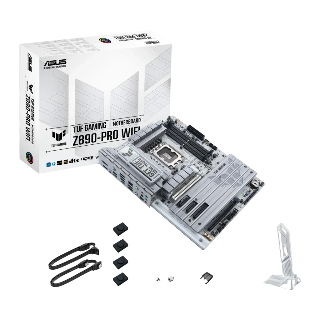 ASUS TUF Gaming Z890-PRO WiFi DDR5 blanca, vista frontal en ángulo: socket 1851, disipadores VRM, ranuras PCIe y panel - Ítem5