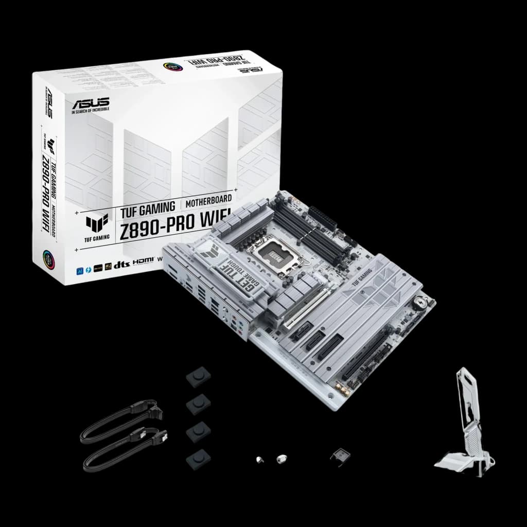 ASUS TUF Gaming Z890-PRO WiFi DDR5 blanche, contenu de la boîte: carte mère, boîte retail, câble SATA, vis, support antenne