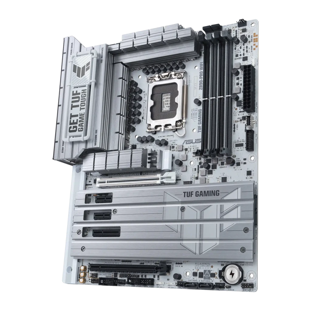 ASUS TUF Gaming Z890-PRO WiFi DDR5 blanca, vista frontal en ángulo: socket 1851, disipadores VRM, ranuras PCIe y panel - Ítem1