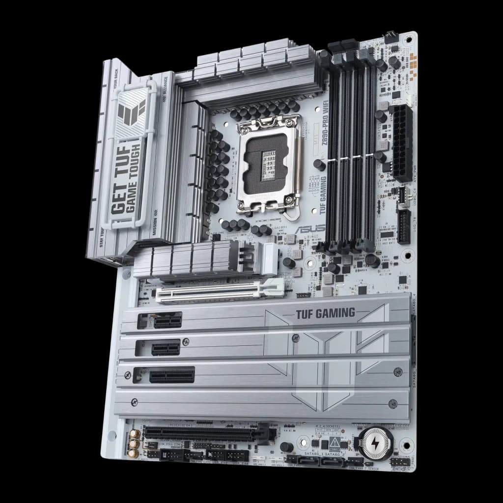 ASUS TUF Gaming Z890-PRO WiFi DDR5 blanche, vue frontale centrée: socket 1851 avec condensateurs VRM visibles et slots M.2