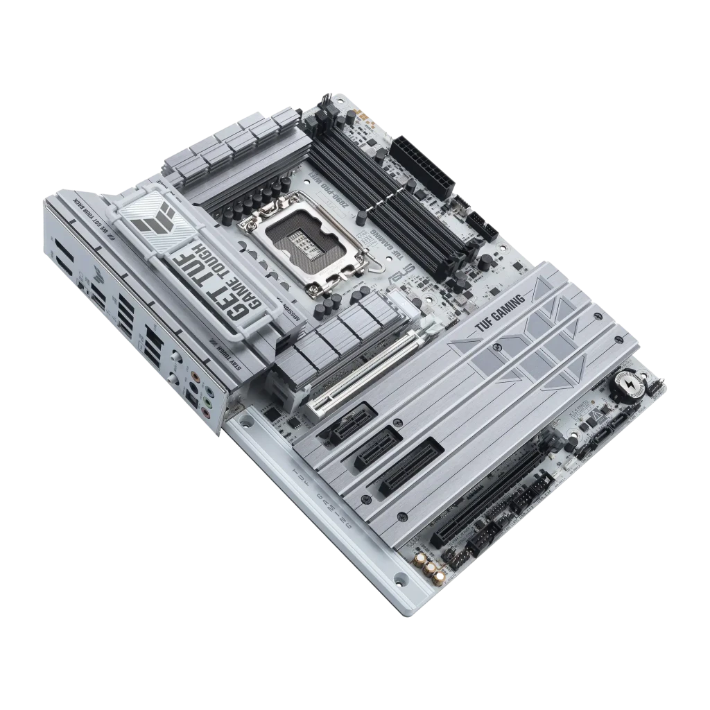 ASUS TUF Gaming Z890-PRO WiFi DDR5 blanca, vista frontal en ángulo: socket 1851, disipadores VRM, ranuras PCIe y panel - Ítem2