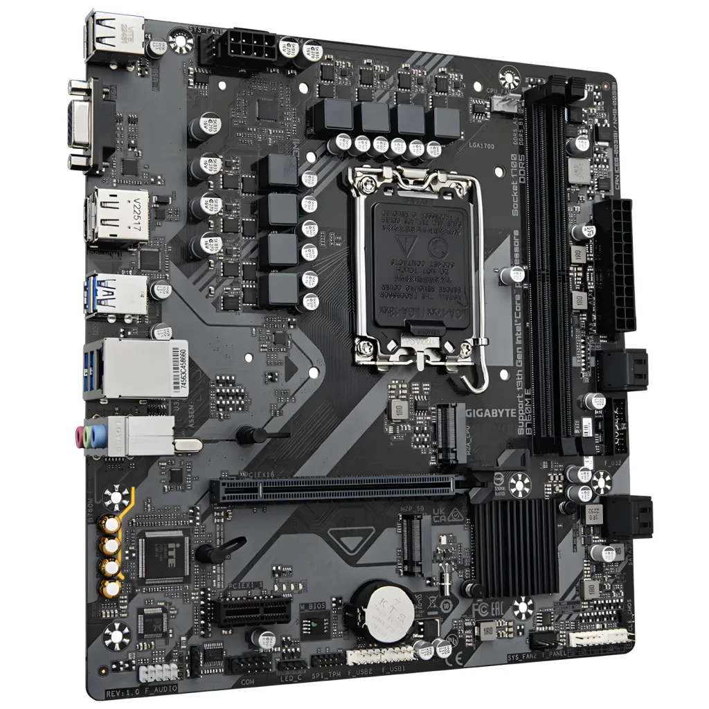 Gigabyte Placa-mãe B760M E Socket 1700 mATX castanho escuro, vista com caixa: placa e embalagem Ultra Durable - Item3